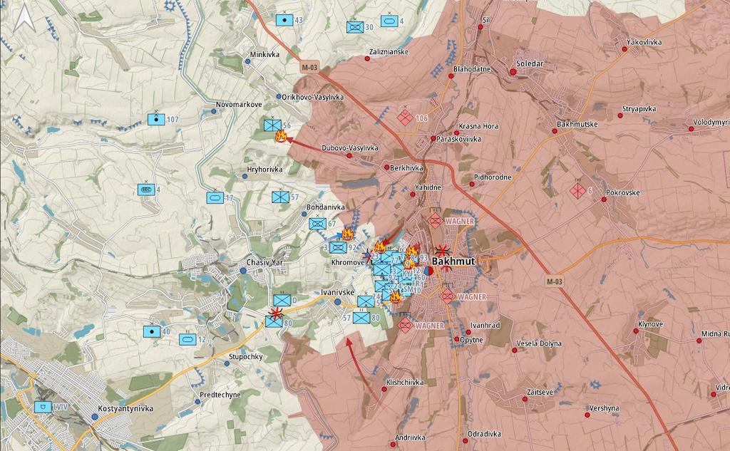Фронт в районе Бахмута (Карта: Военная земля)