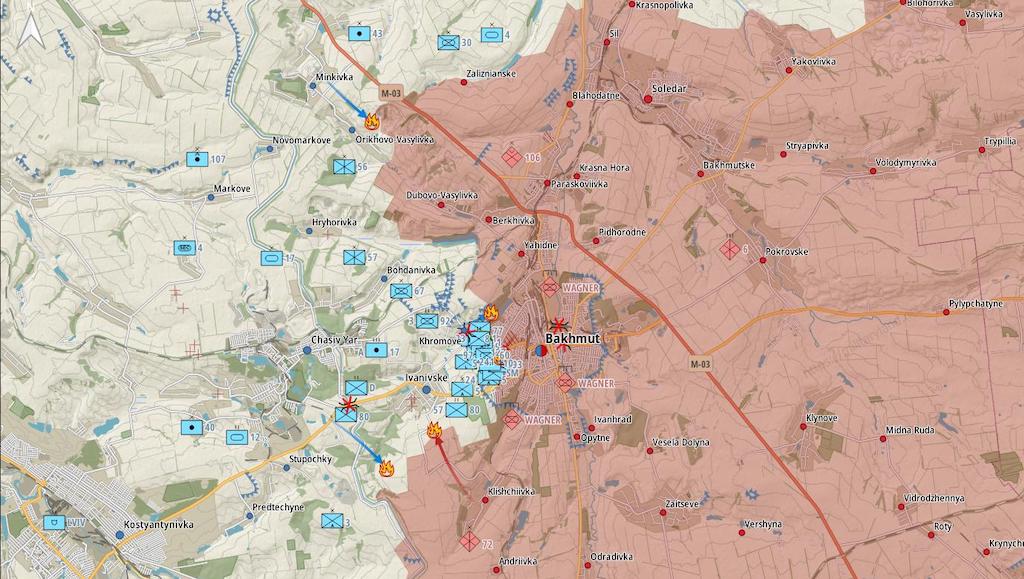 Фронт в районе Бахмута (карта: Военная Страна)