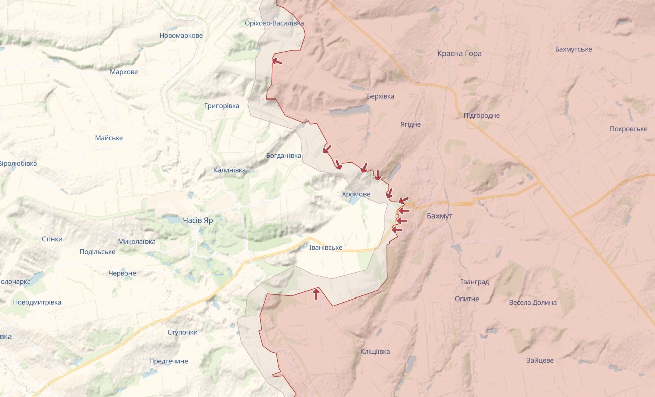 Генштаб: Россия штурмует Бахмут, пытается улучшить свои позиции в Марьинке - карта