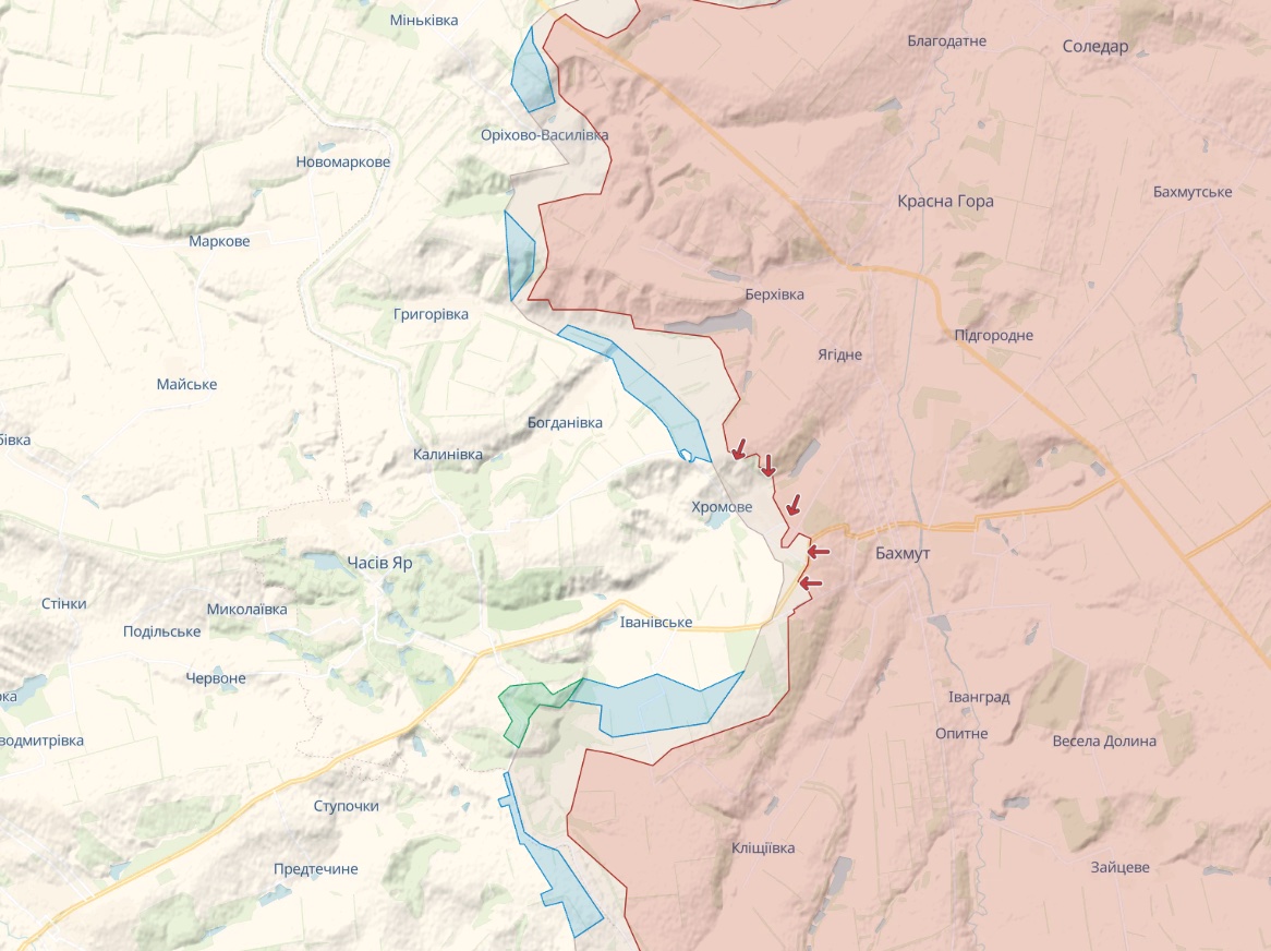 Генштаб: Оккупанты штурмуют Бахмут, штурмуют Ивановское и Марьинку - карта
