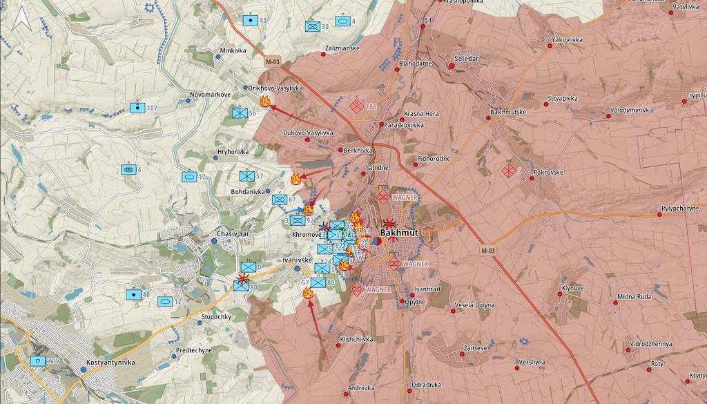Фронт в районе Бахмута (Карта: Военная земля)