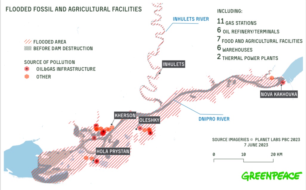 Подрыв Каховской ГЭС. Затоплено 32 объекта токсичными веществами — инфографика Гринпис