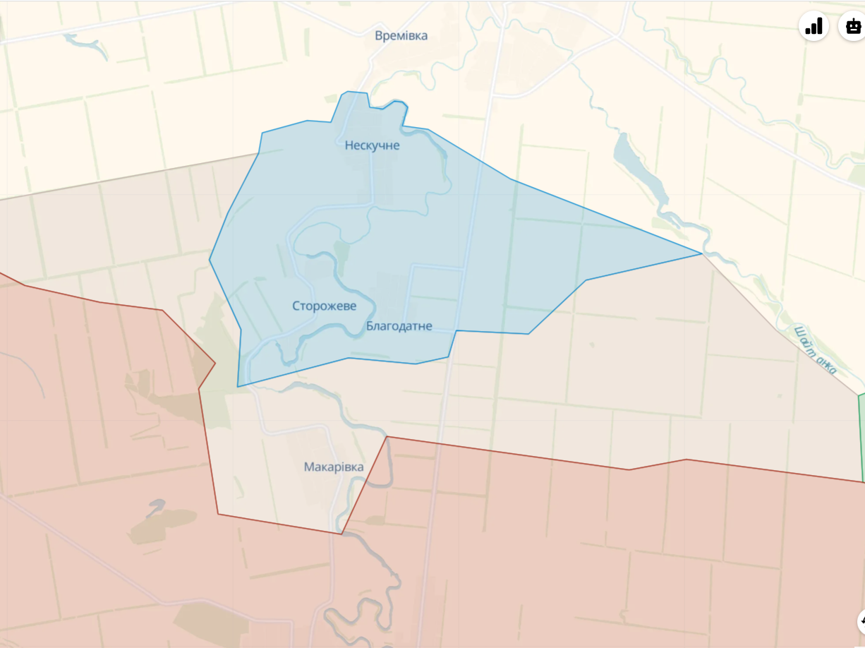 Нескучное, Макаровка, Благодатное и Сторожово на карте deepstate 2