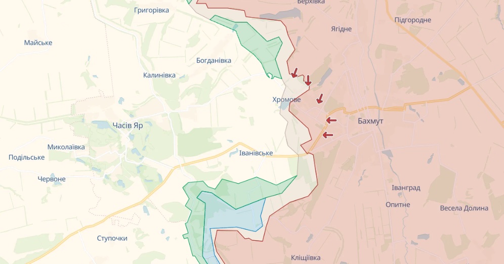 Генштаб: Боев под Бахмутом нет, Россия начинает авиаудары по дороге в Часов Яр - карта