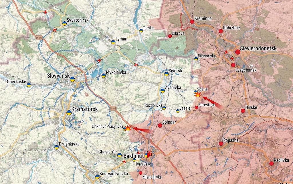 Фронт в районе Кременной и Бахмута (Карта: Military Land)