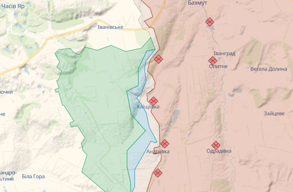 Фронт в районе Бахмута (Карта: DeepState)