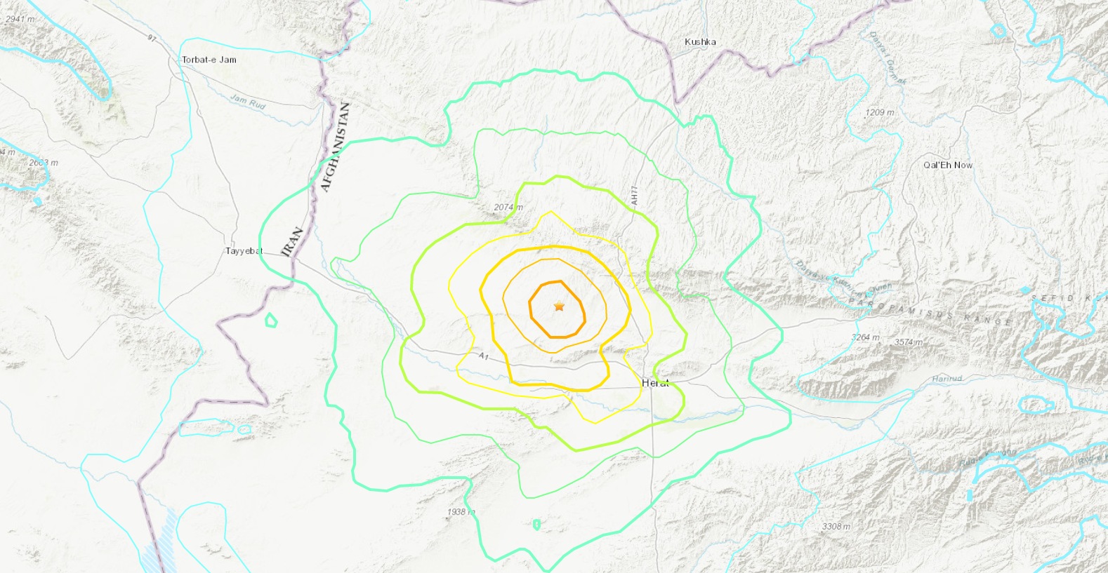 эпицентр землетрясений в Афганистане (Карта – usgs.gov)