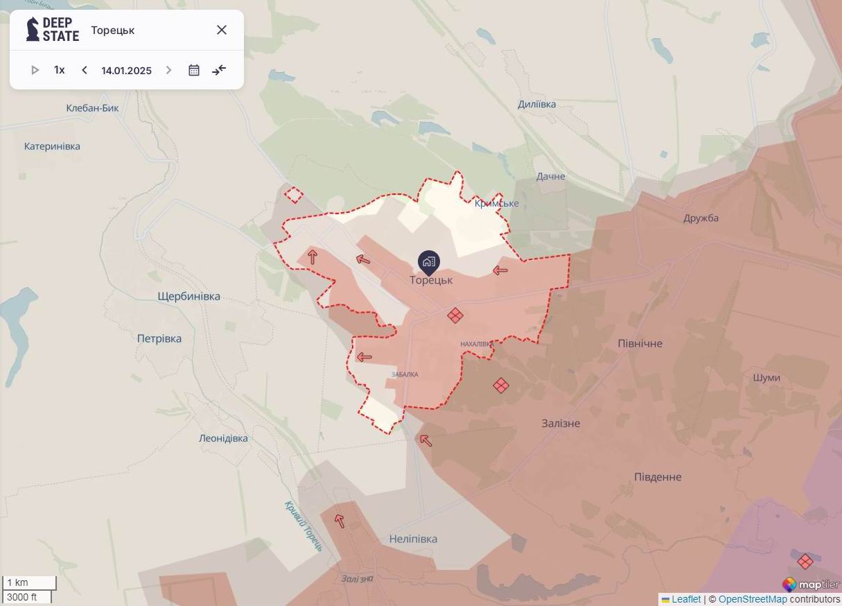 Линия фронта в Торецком районе по состоянию на 15 января/DeepStateMAP