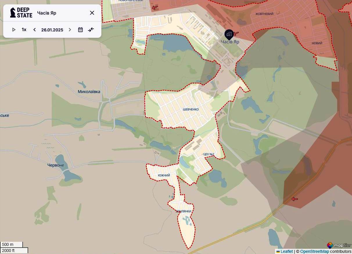 Линия фронта во Временном Яру по состоянию на 26 января/DeepStateMAP