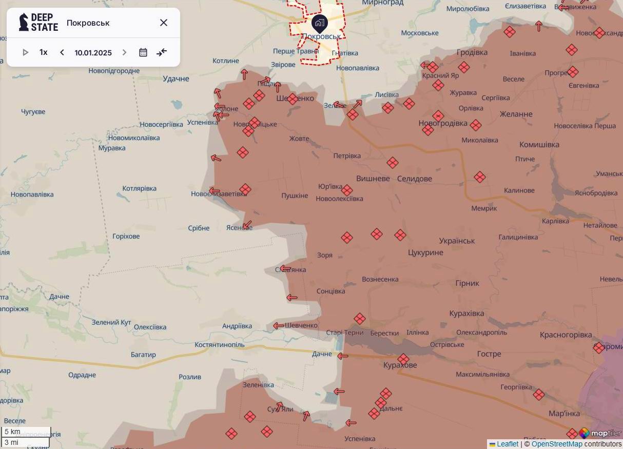 Линия фронта на покровском направлении на 10 января/DeepStateMAP