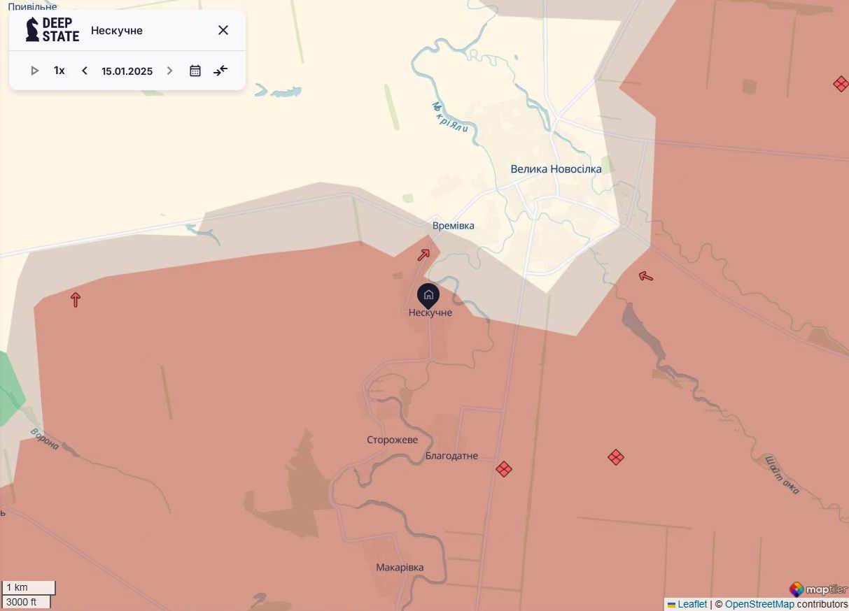 Линия фронта в районе Великой Новоселки по состоянию на 15 января/DeepStateMAP