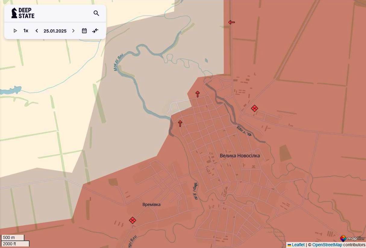 Линия фронта в районе Великой Новоселки по состоянию на 25 января/DeepStateMAP