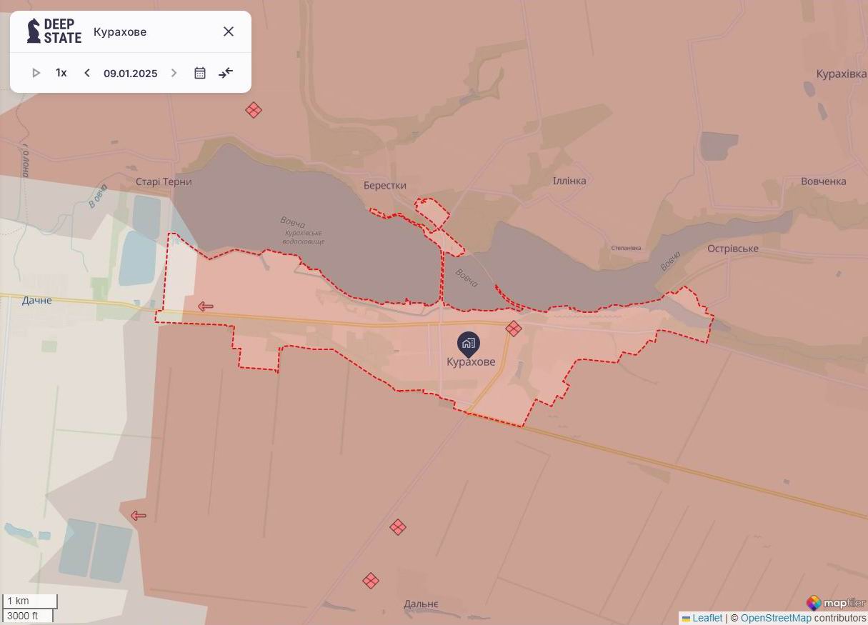 Линия фронта в районе Курахово по состоянию на 9 января/DeepStateMAP