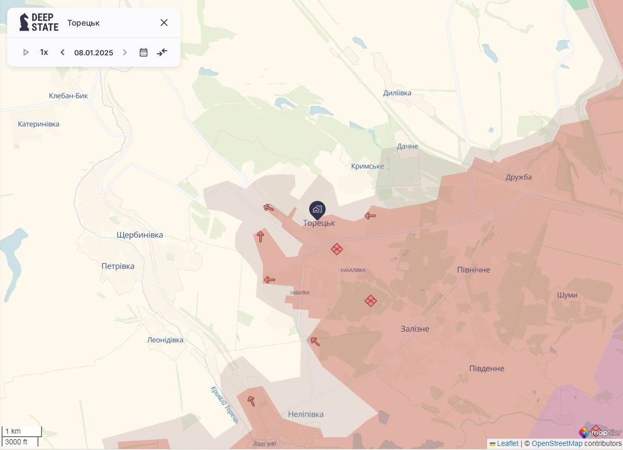 Линия фронта в районе Торецкая на 8 января/DeepStateMAP