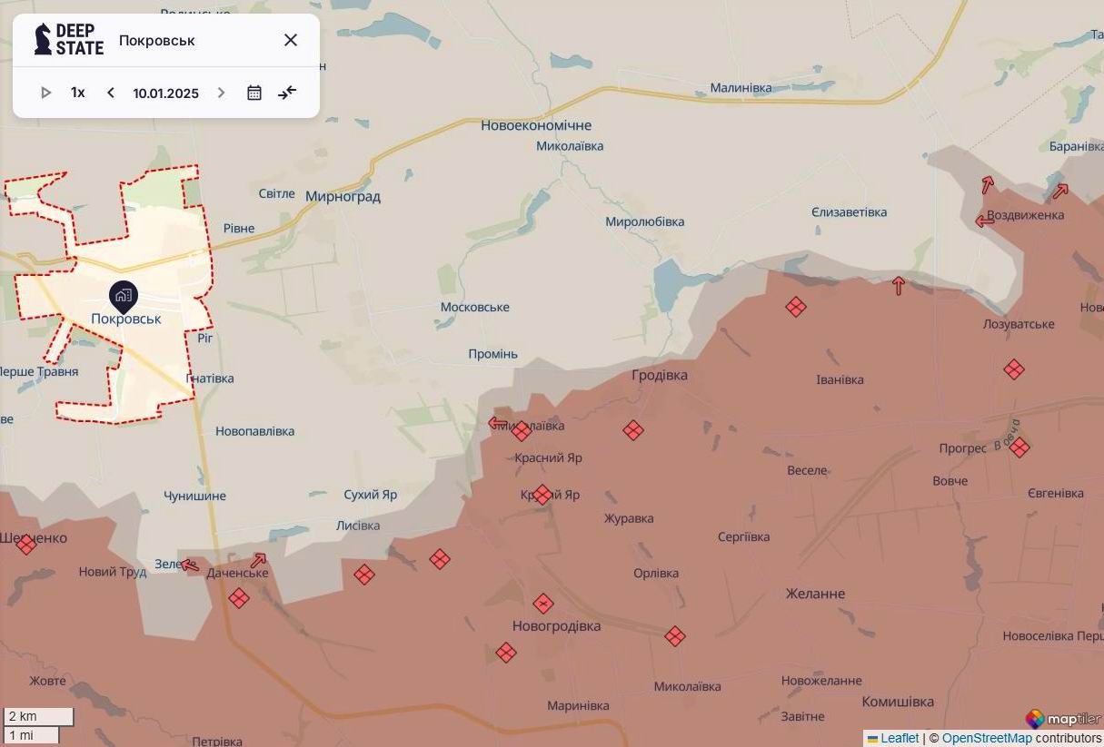 Линия фронта в Покровском районе по состоянию на 10 января/DeepStateMAP