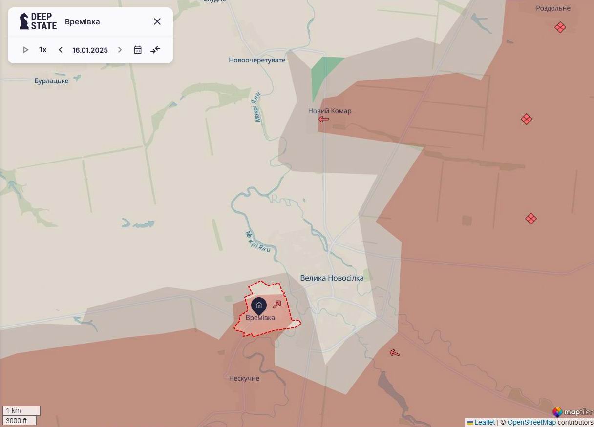 Линия фронта в районе Великой Новоселки по состоянию на 16 января/DeepStateMAP