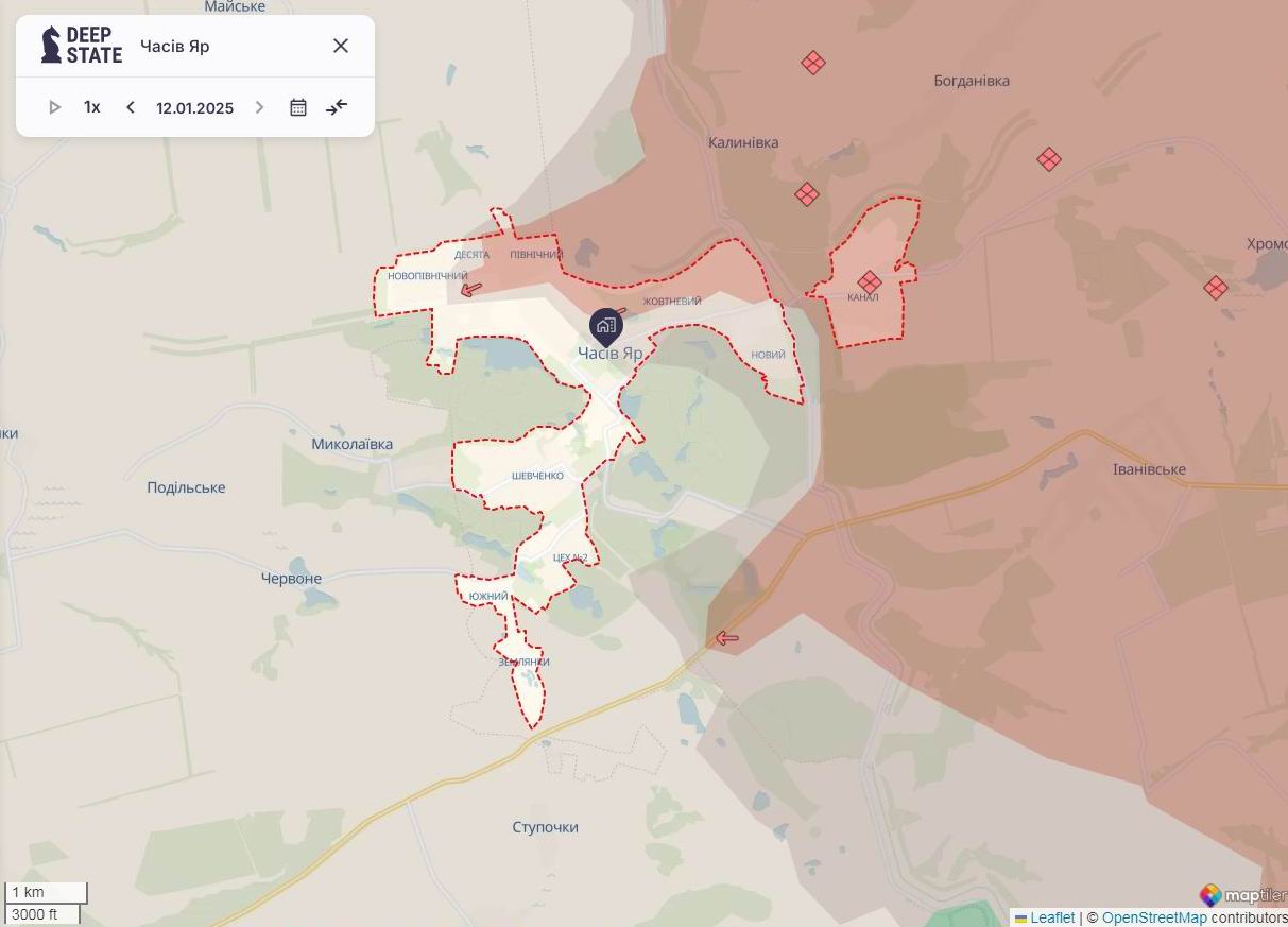 Линия фронта в районе Временная Яра по состоянию на 12 января/DeepStateMAP