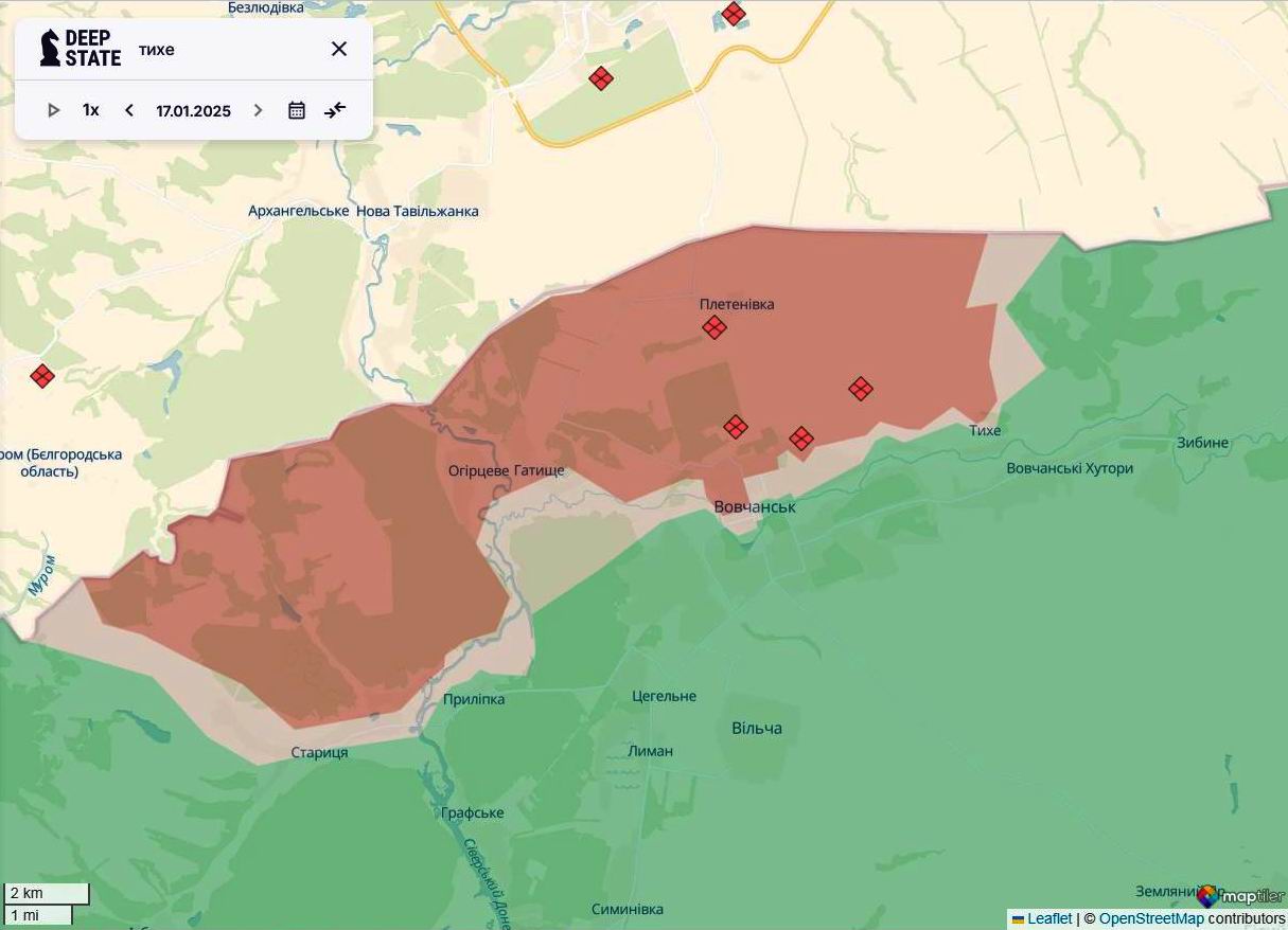 Линия фронта в районе Волчанская по состоянию на 17 января/DeepStateMAP