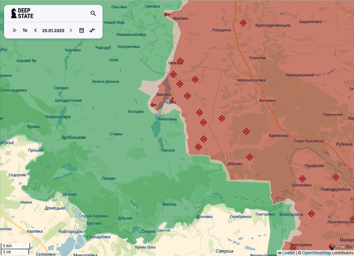 Линия фронта на лиманском направлении на 25 января/DeepStateMAP