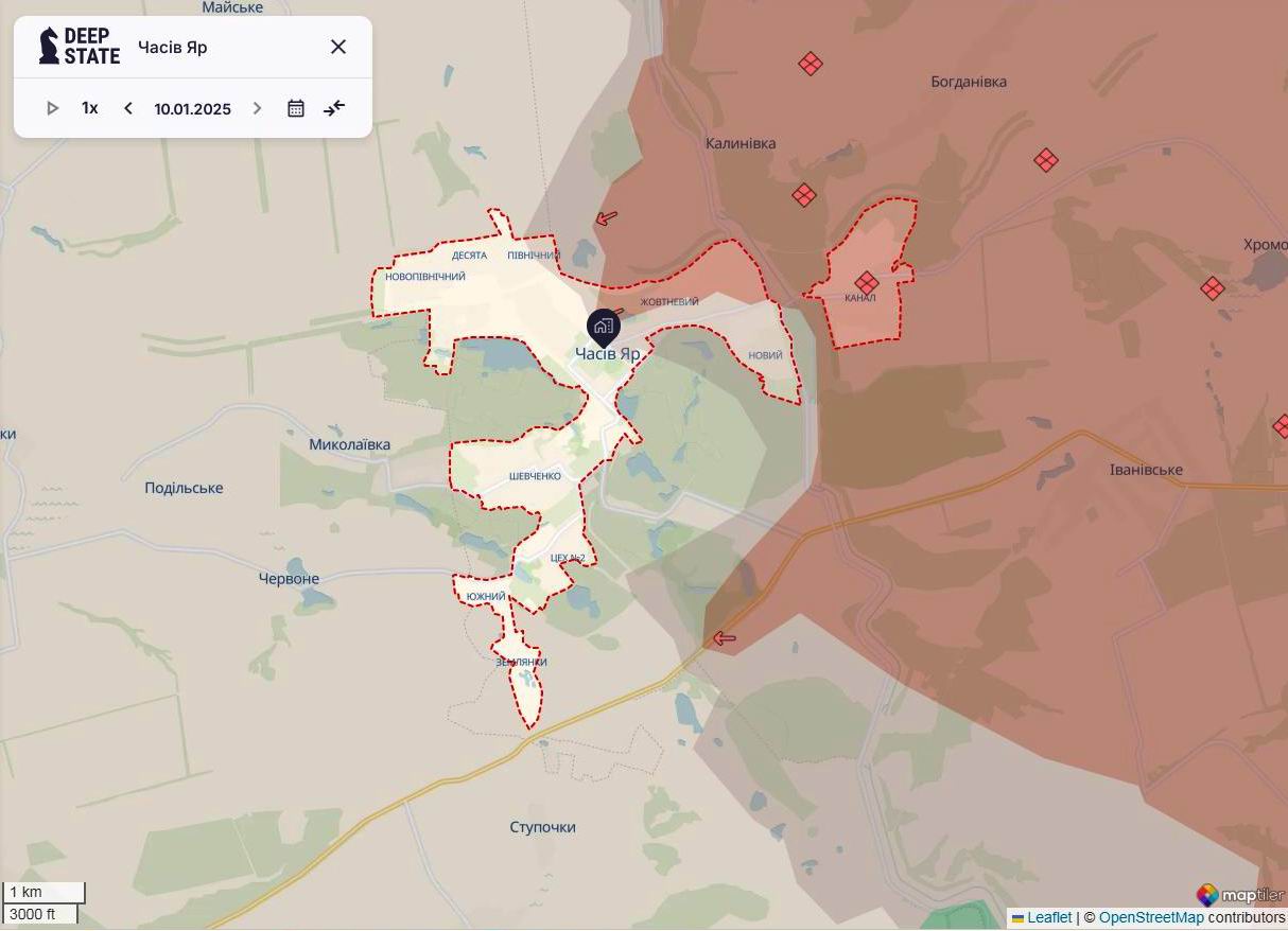 Линия фронта в районе Временная Яра по состоянию на 10 января/DeepStateMAP