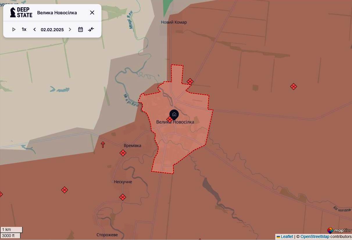 Линия фронта в районе Великой Новоселки по состоянию на 2 февраля/DeepStateMAP