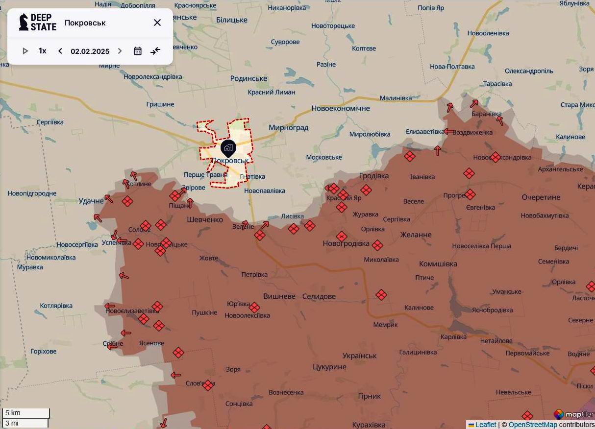 Линия фронта на покровском направлении на 2 февраля/DeepStateMAP