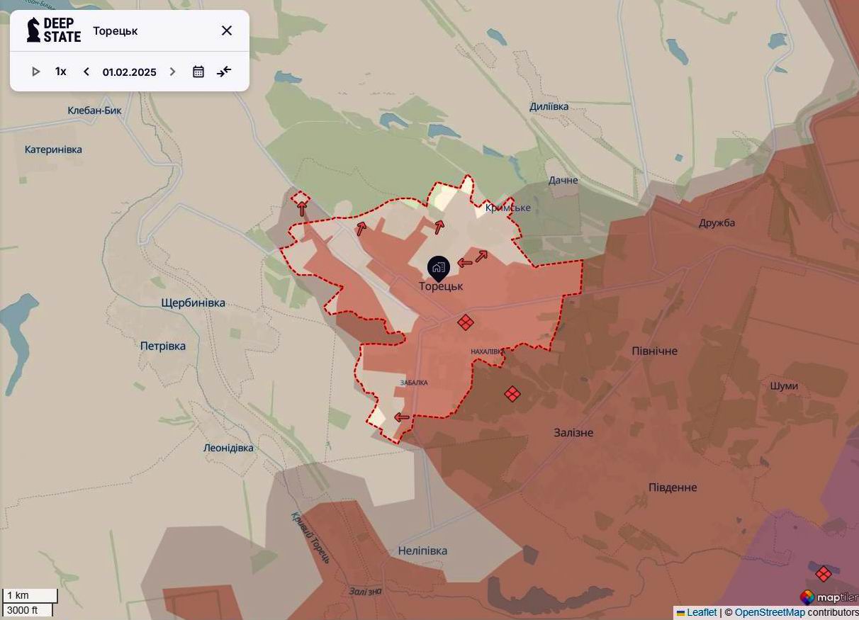 Линия фронта в районе Торецкая по состоянию на 1 февраля/DeepStateMAP