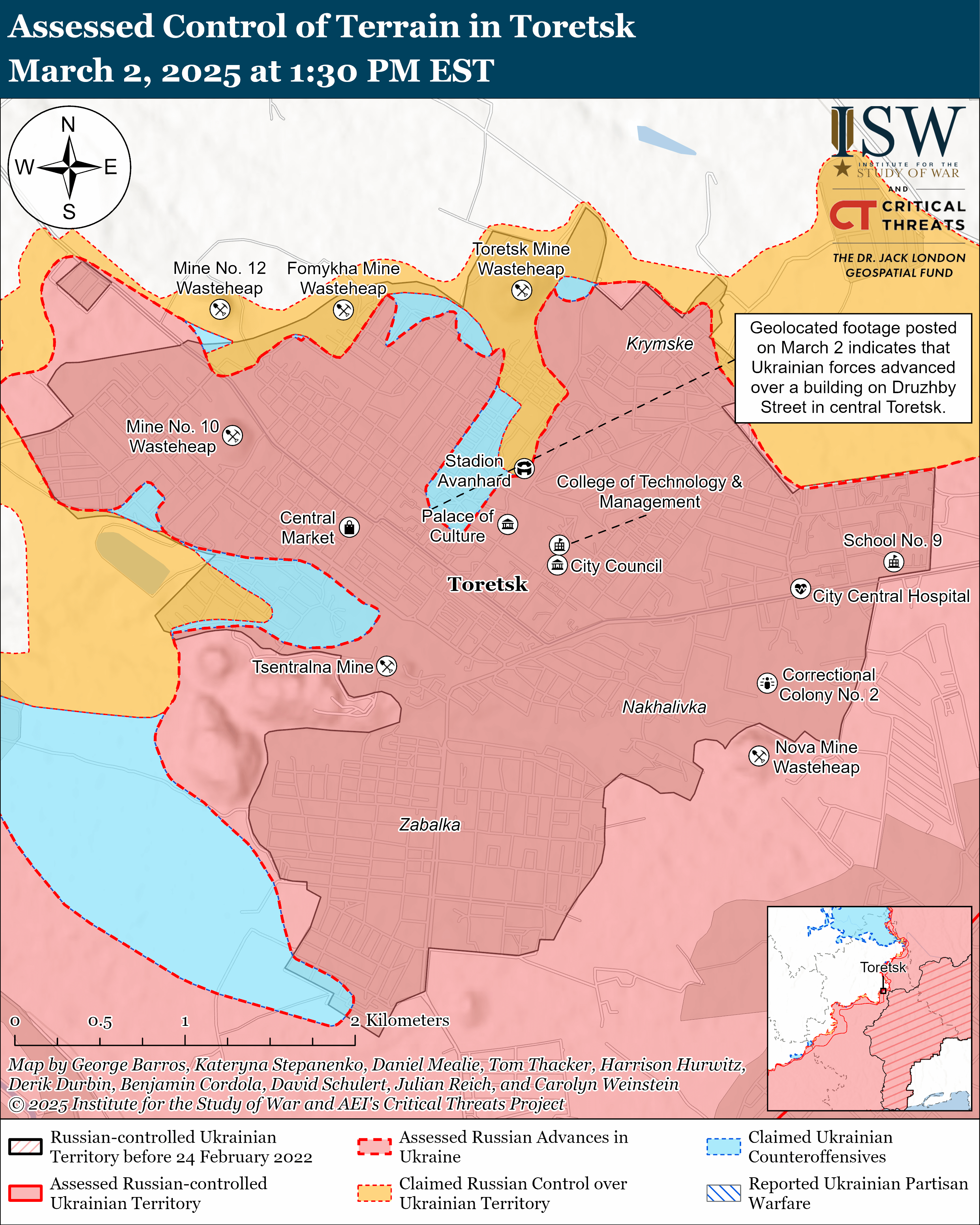 Линия фронта в районе Торецкая по состоянию на 2 марта/ISW