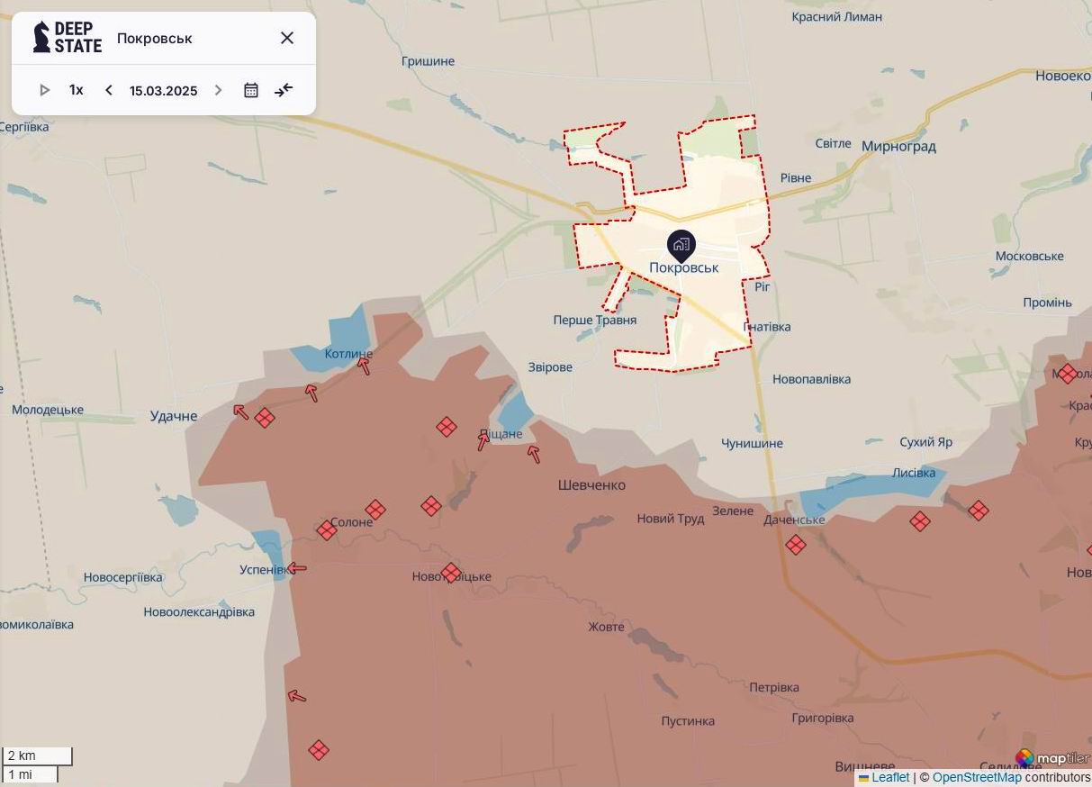 Линия фронта на покровском направлении на 15 марта/DeepStateMAP