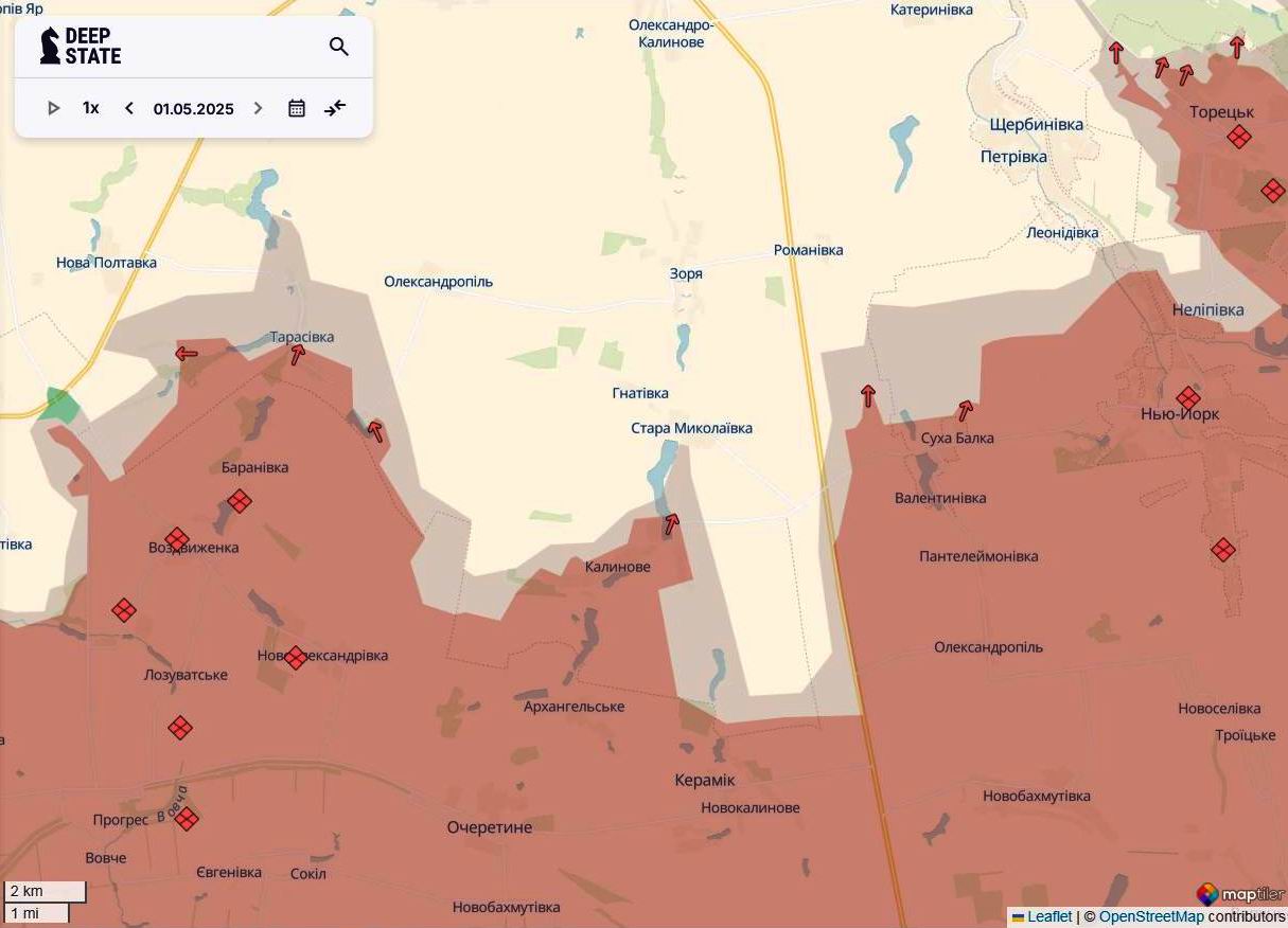 Линия фронта в районе Торецкая по состоянию на 1 мая/DeepStateMAP