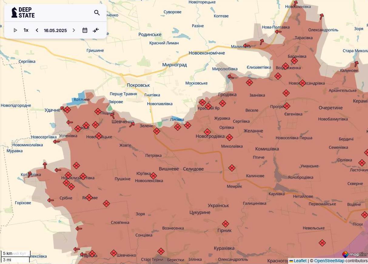 Лінія фронту в районі Покровська станом на 16 травня/DeepStateMAP