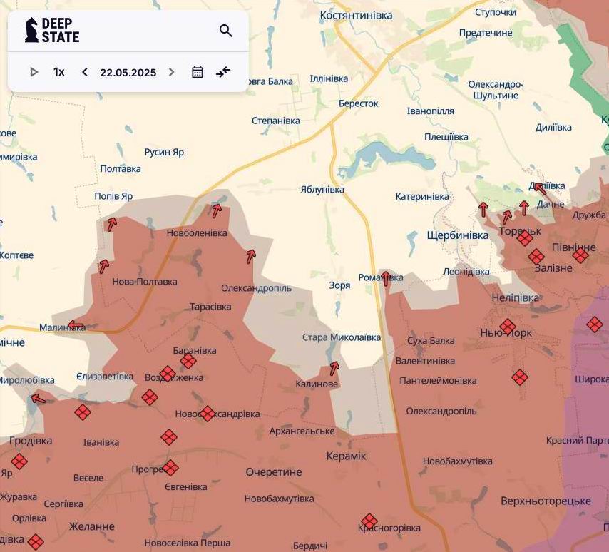 Лінія фронту в районі Костянтинівки станом на 22 травня/DeepStateMAP