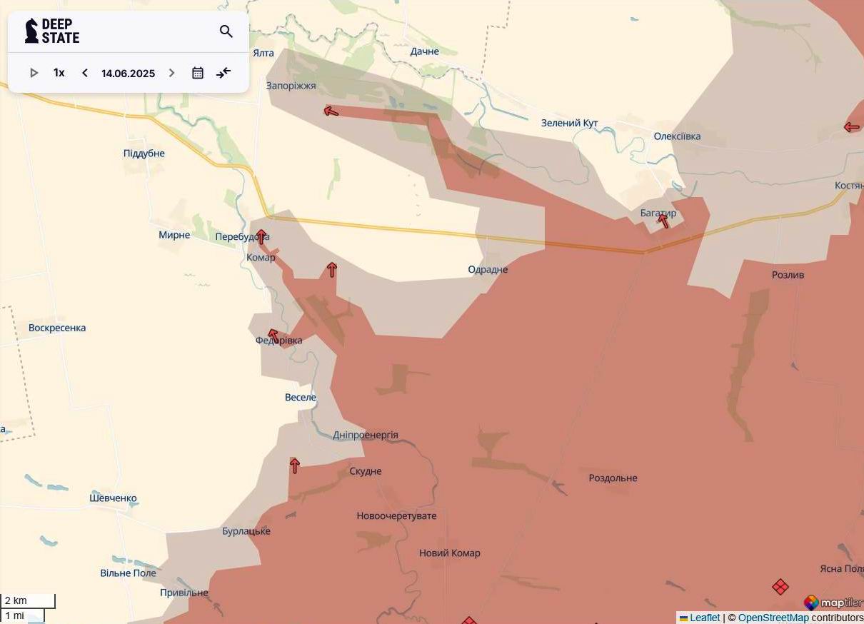Лінія фронту на новопавлівському напрямку станом на 14 червня/DeepStateMAP