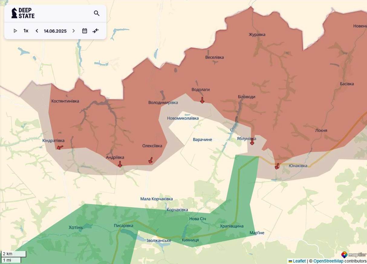 Лінія фронту на півночі Сумщини станом на 14 червня/DeepStateMAP