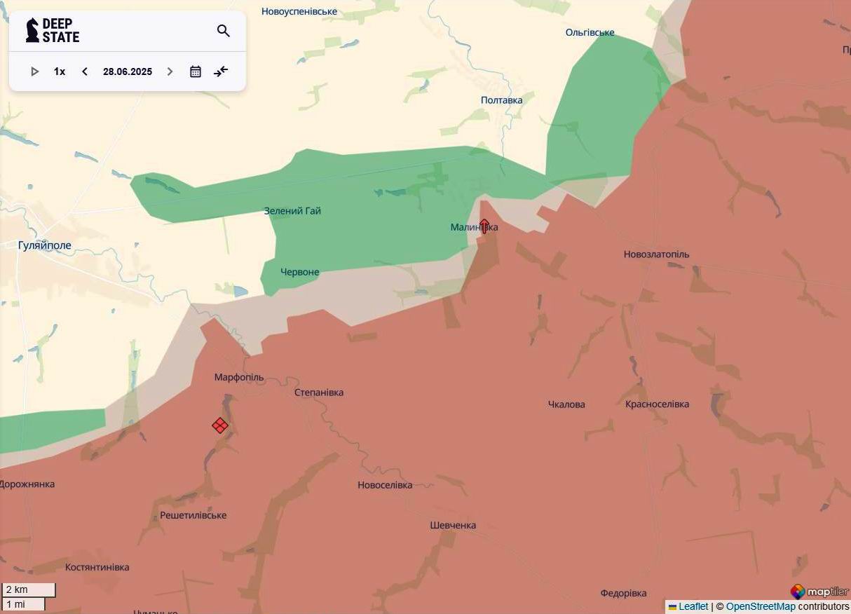 Лінія фронту на гуляйпільському напрямку станом на 29 червня/DeepStateMAP
