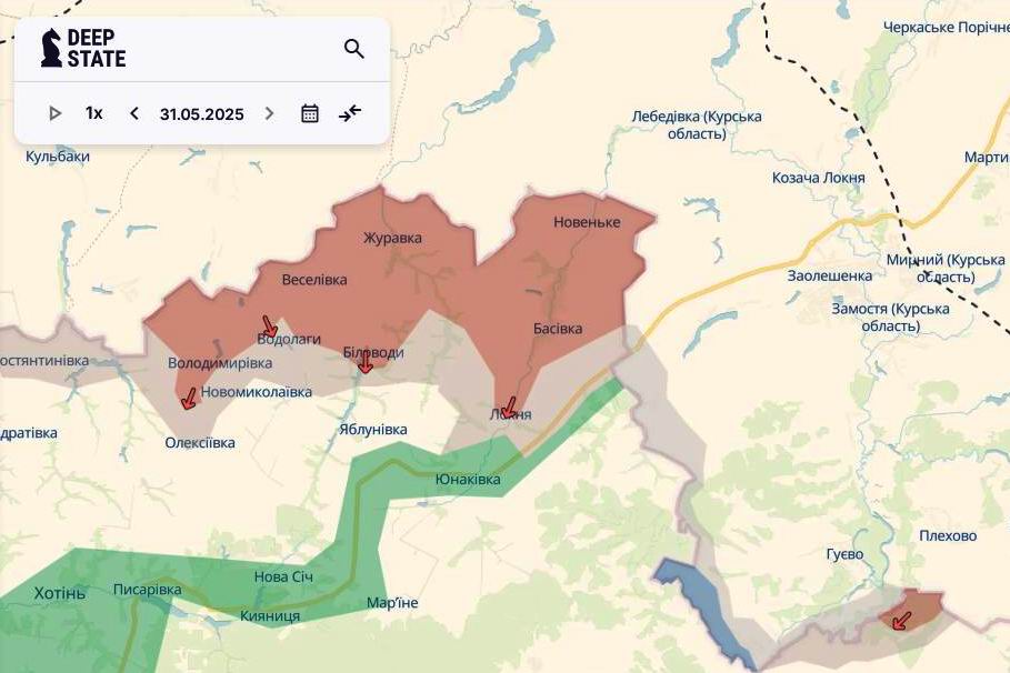 Лінія фронту на півночі Сумської області станом на 31 травня/DeepStateMAP