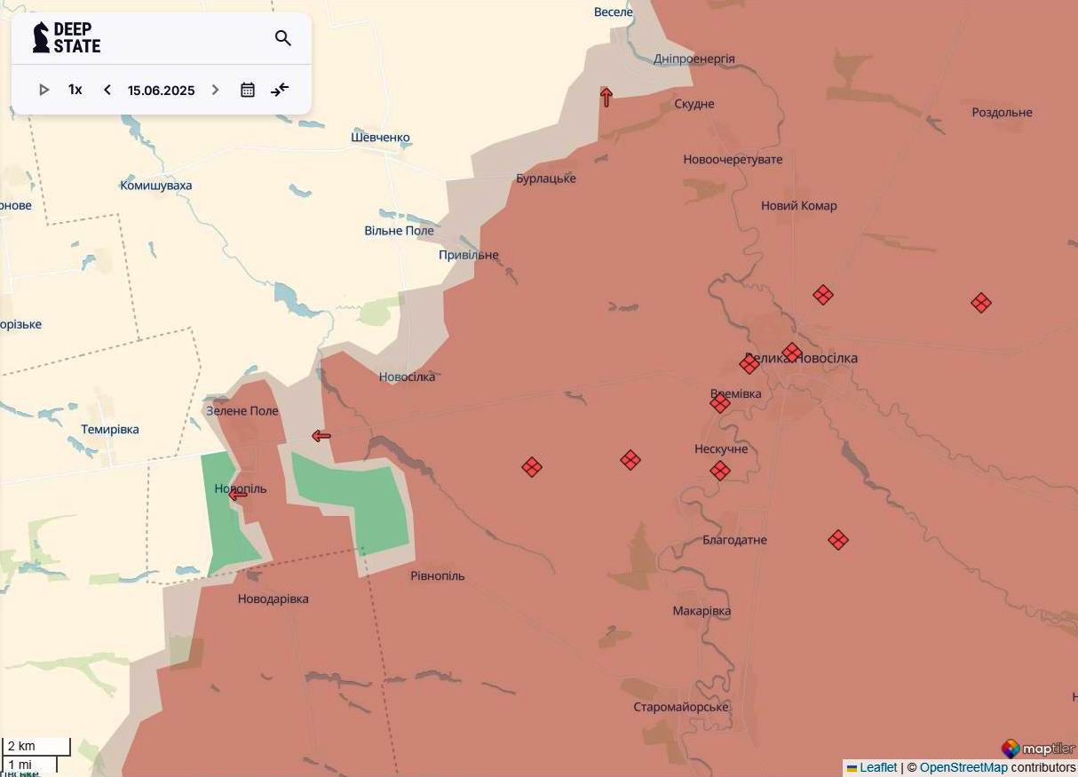 Лінія фронту на новопавлівському напрямку станом на 15 червня/DeepStateMAP