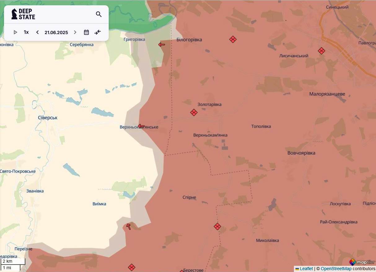 Лінія фронту на сіверському напрямку станом на 21 червня/DeepStateMAP