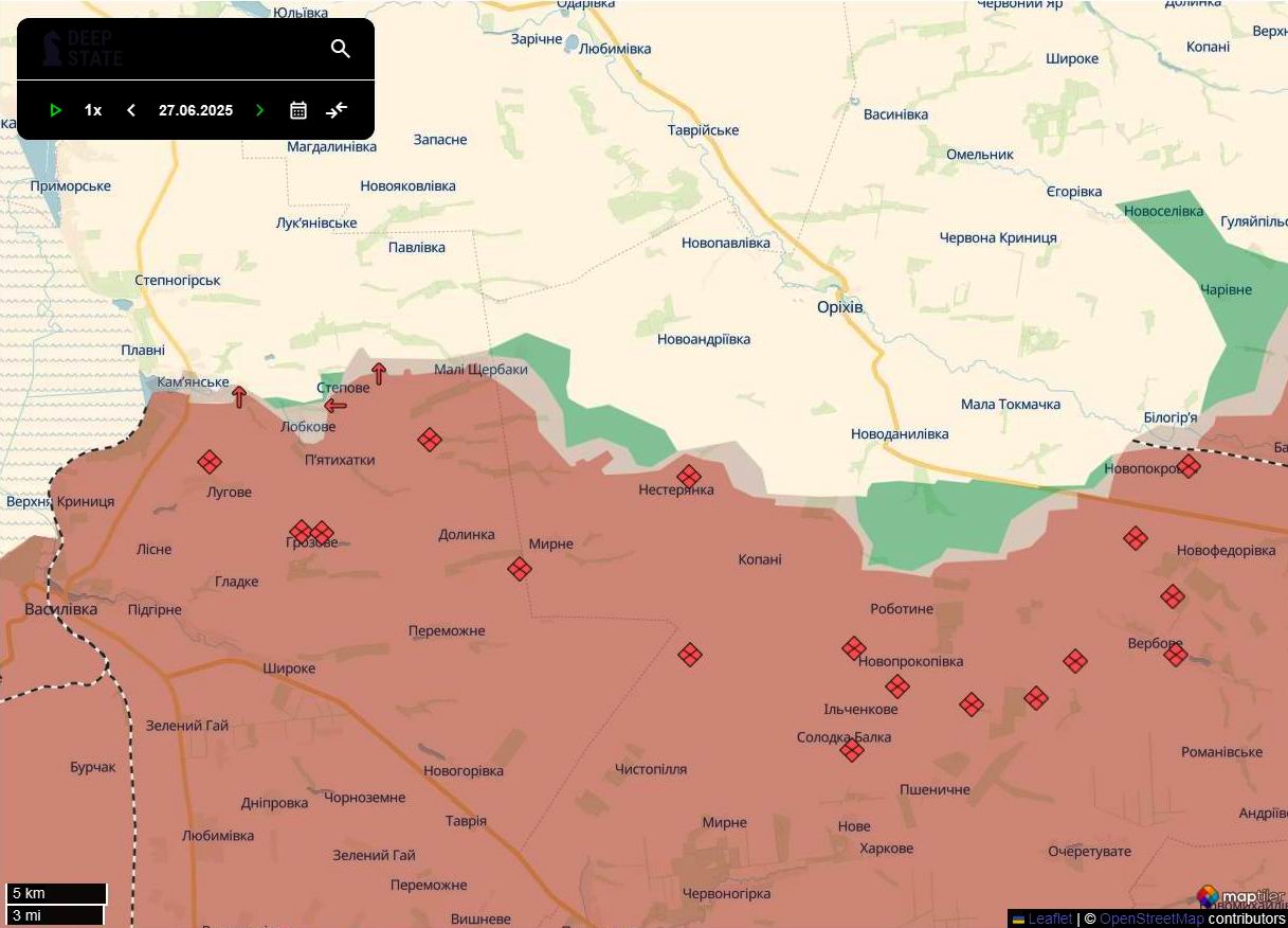 Лінія фронту на оріхівському напрямку станом на 27 червня/DeepStateMAP