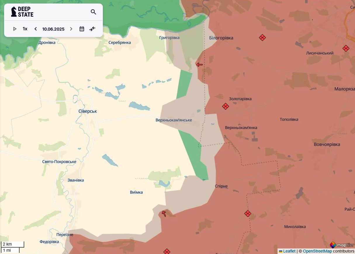 Лінія фронту на Луганщині станом на 10 червня/DeepStateMAP