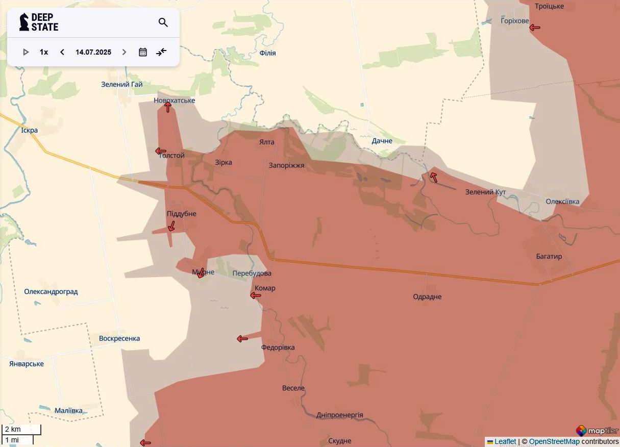 Лінія фронту на новопавлівському напрямку станом на 14 липня/DeepStateMAP