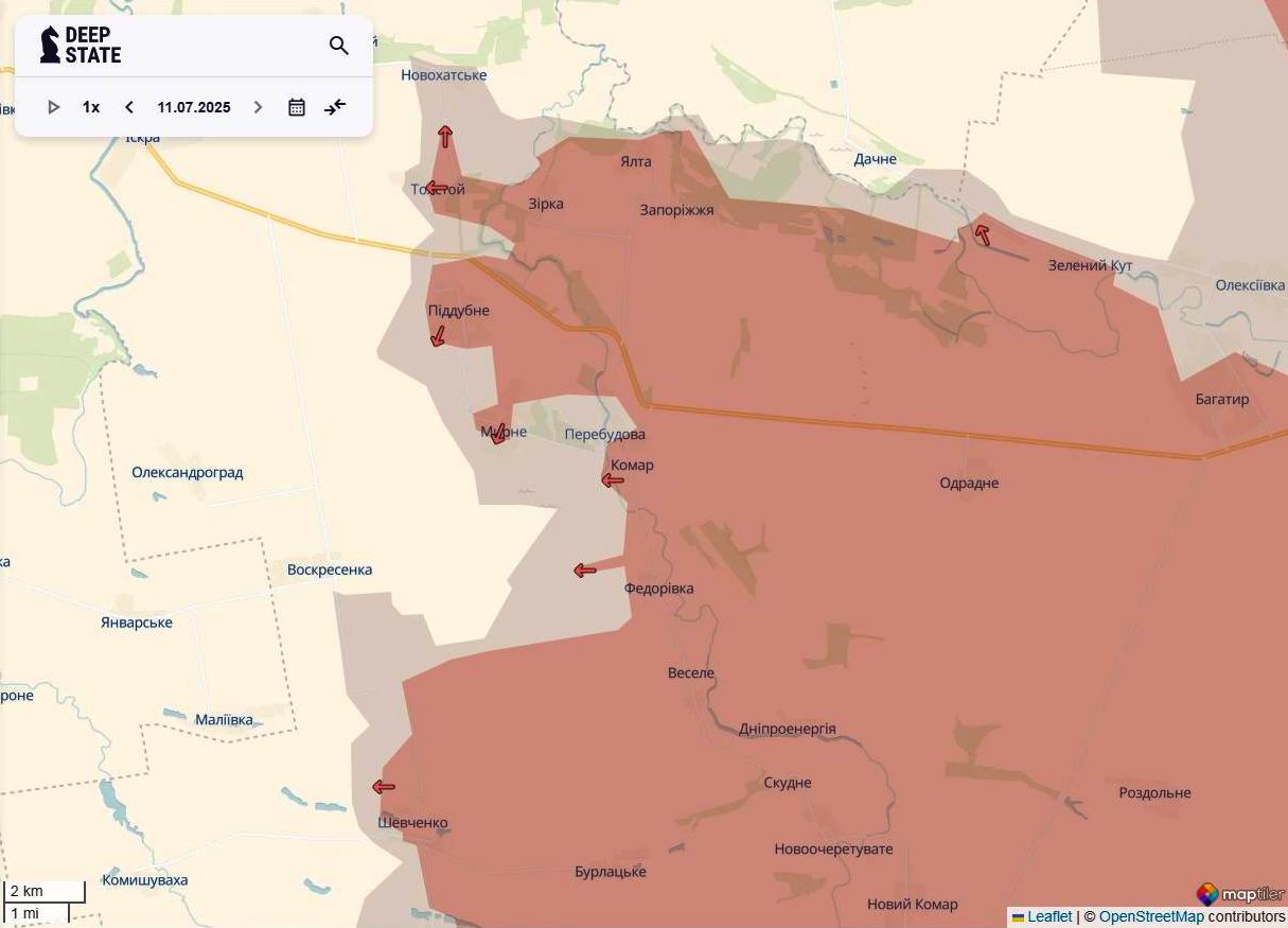 Лінія фронту на новопавлівському напрямку станом на 11 липня/DeepStateMAP