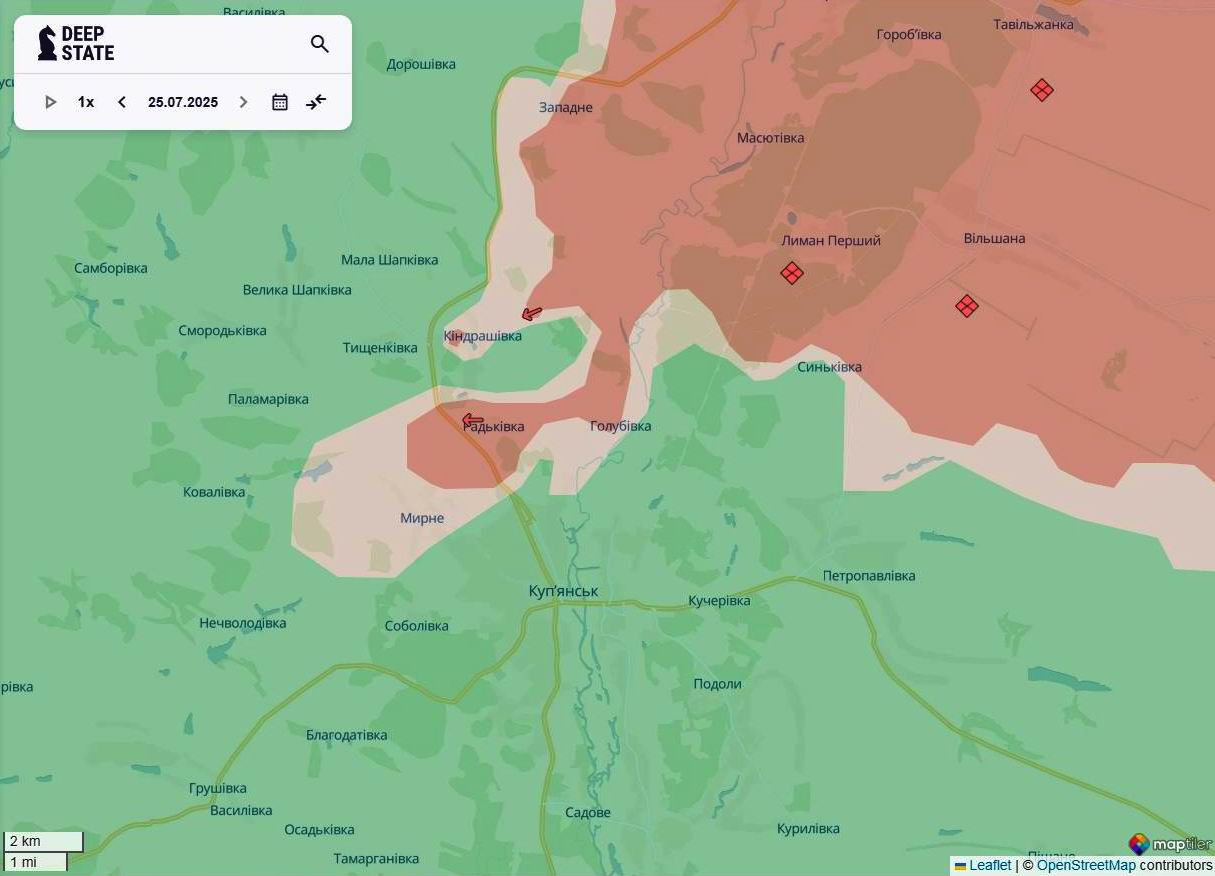 Лінія фронту в районі Куп’янська станом на 25 липня/DeepStateMAP