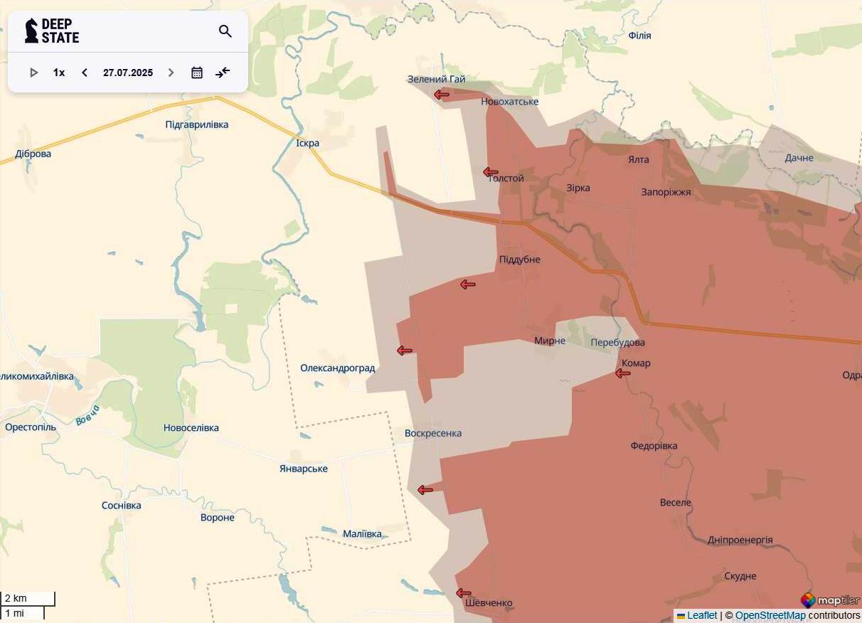 Лінія фронту на новопавлівському напрямку станом на 27 липня/DeepStateMAP