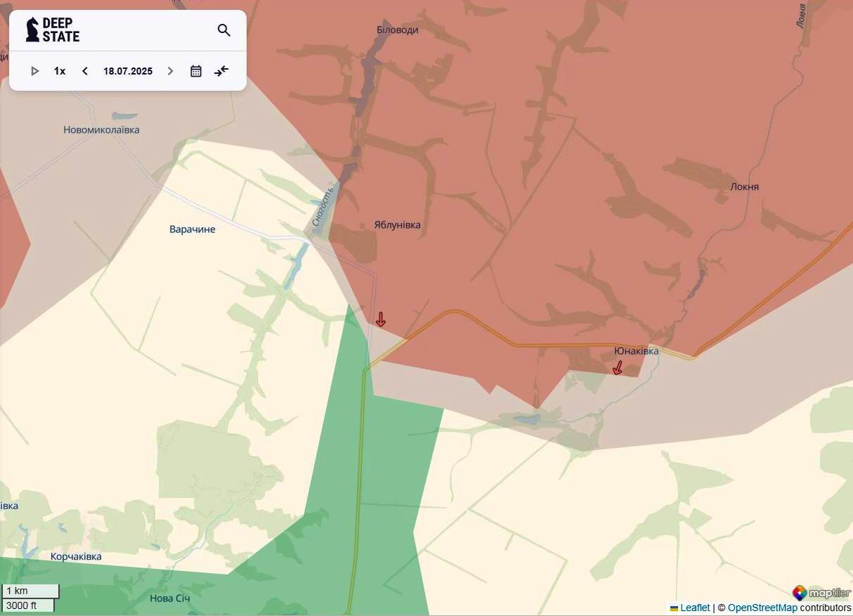 Лінія фронту на півночі Сумської області станом на 18 липня/DeepStateMAP