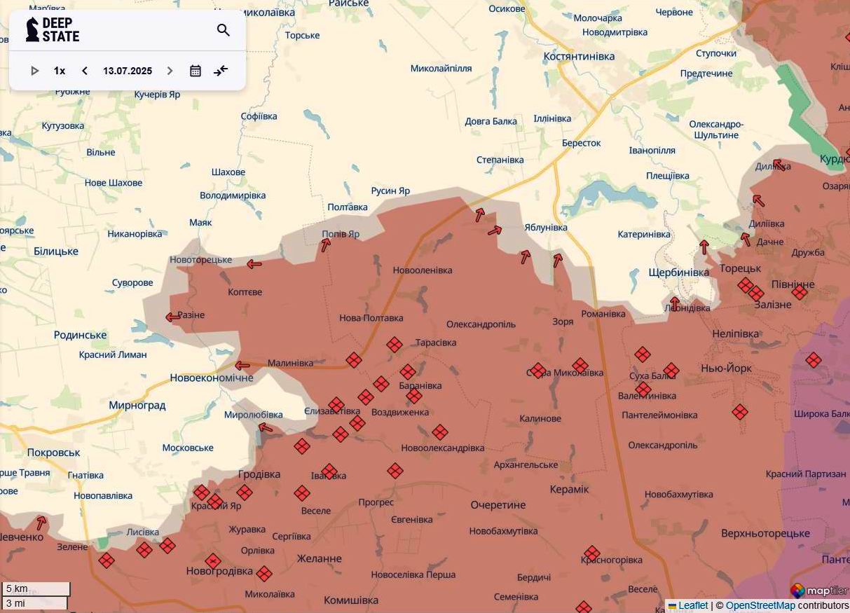 Лінія фронту на півночі покровського напрямку станом на 13 липня/DeepStateMAP