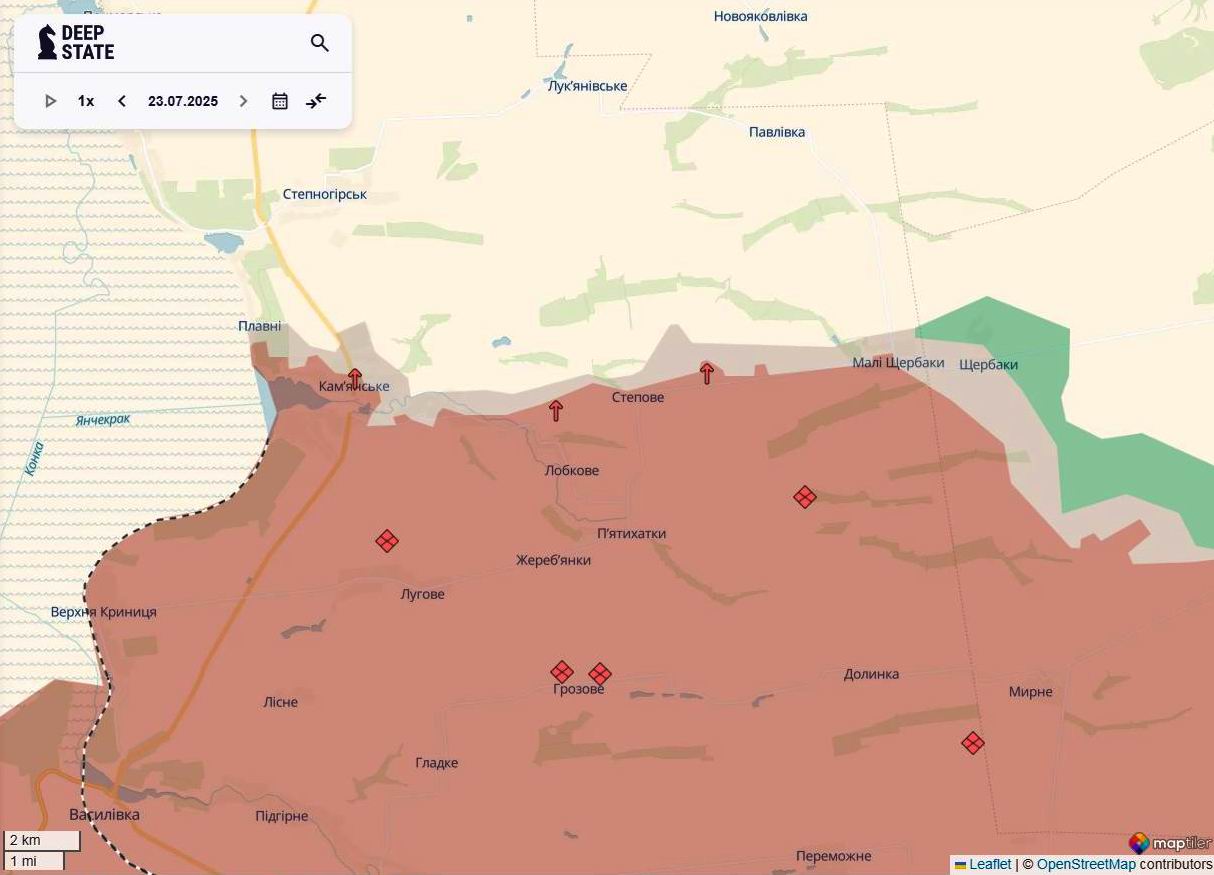 Лінія фронту на заході Запорізької області станом на 24 липня/DeepStateMAP