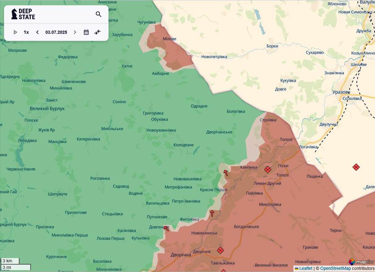 Лінія фронту на півночі Харківської області станом на 3 липня/DeepStateMAP