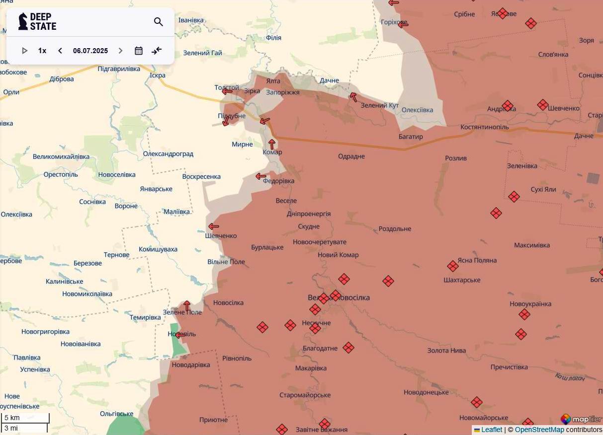 Лінія фронту на новопавлівському напрямку станом на 6 липня/DeepStateMAP