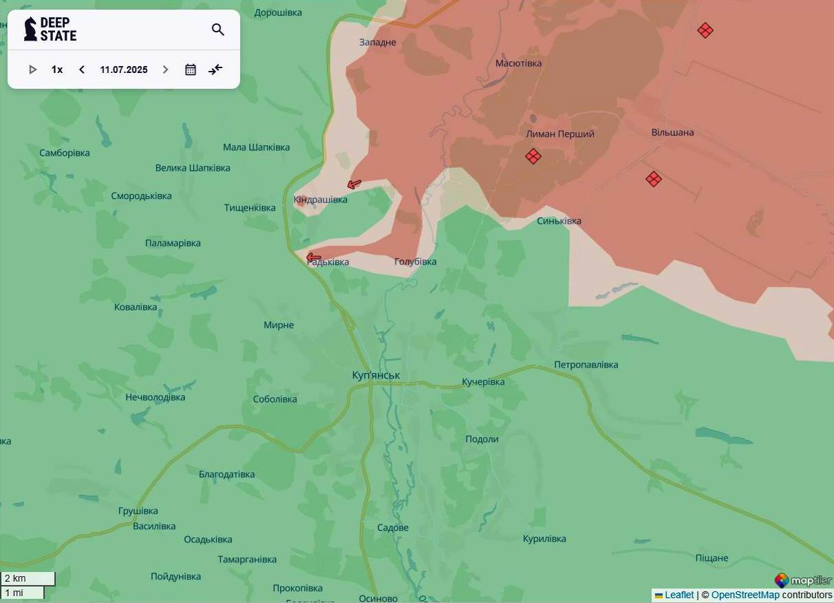 Лінія фронту в районі Куп’янська станом на 11 липня/DeepStateMAP